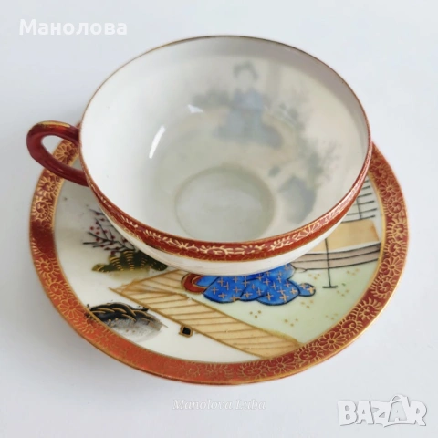 Порцеланова чаша с чинийка Kutani Shoza. , снимка 3 - Антикварни и старинни предмети - 54011871