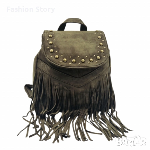 Велурена дамска раница с ресни и метални нитове – бохо стил и практичност, снимка 9 - Чанти - 52459114