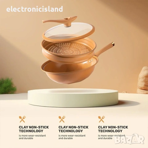 Уок Тиган 32 см, 8 в 1, керамично покритие, MicroClay, пържене, варене, задушаване и готвене на пара