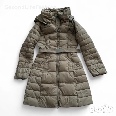 Дамско яке United Colours Of Benetton с качулка, размер UK М резедаво с колан