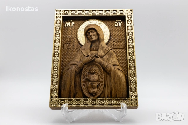 Релефна икона на Св. Богородица Знамение от масивен дъб, снимка 4 - Икони - 53223348