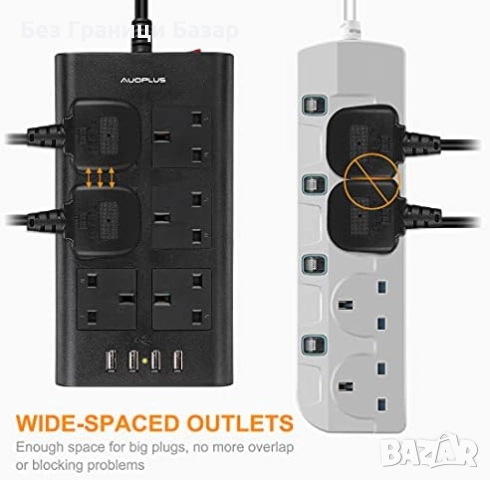 Нов UK Мултиразклонител 6 AC + 4 USB, защита от пренапрежение, 2 мeтра кабел, снимка 4 - Друга електроника - 52464188