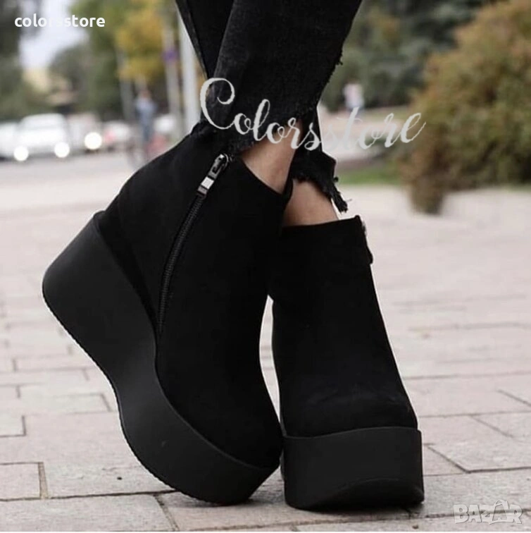 Боти на платформа - черен велур - 130K, снимка 1