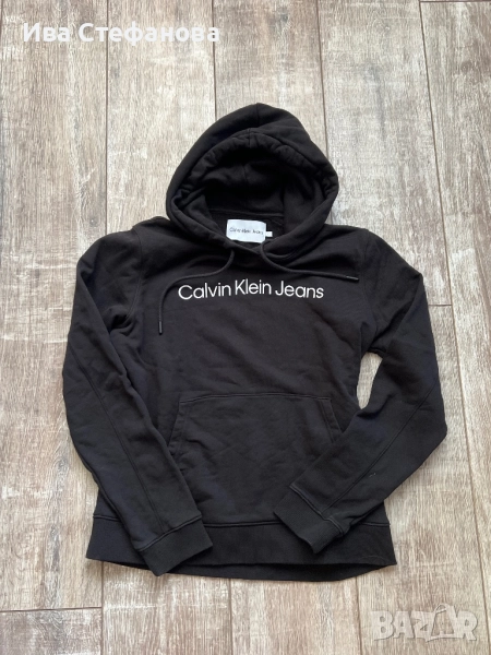 Мъжки черен памучен ватиран оригинален суичър суитшърт черен Calvin Klein качулка  памук памучен, снимка 1
