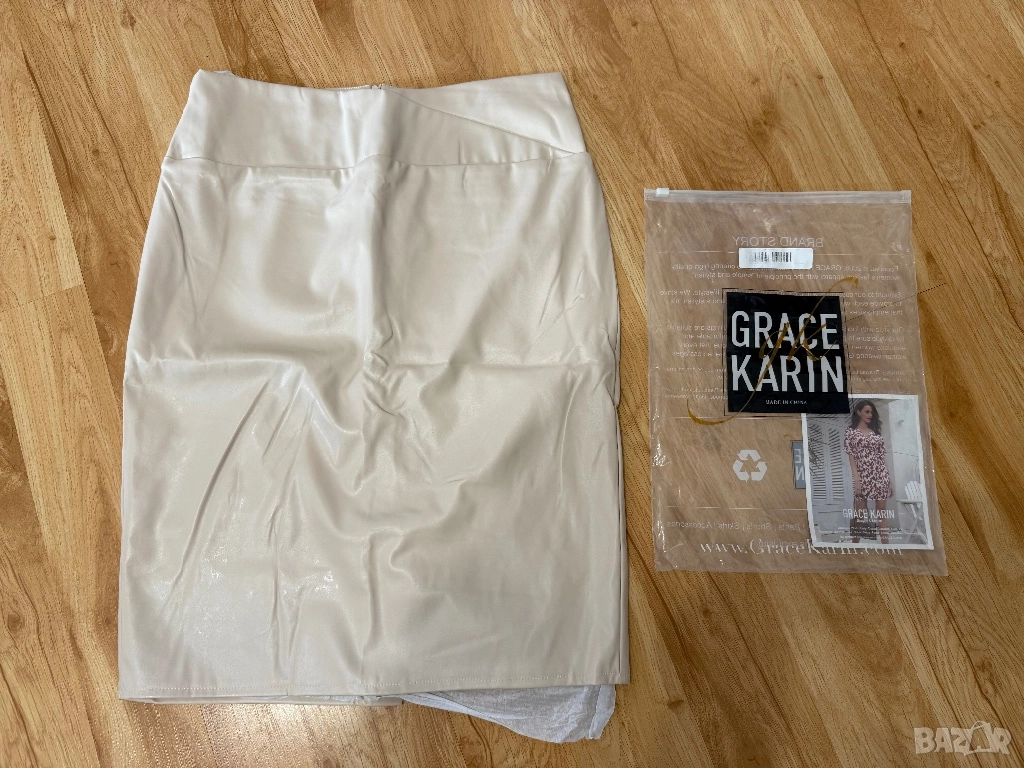 Нова кожена пола в цвят много светло бежово, снимка 1