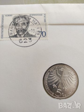 FDC със сребърна монета от 5 dm Алберт Швейцер 1975г, снимка 3 - Филателия - 46439084