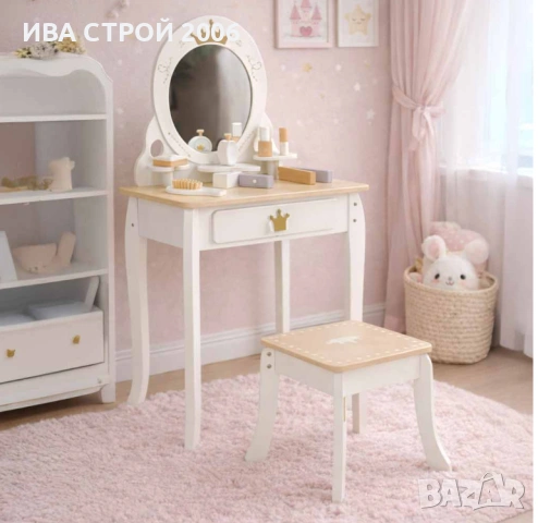 Детска дървена тоалетка с табуретка и аксесоари | Бяла | PraktiHome, снимка 9 - Играчки за стая - 54240286