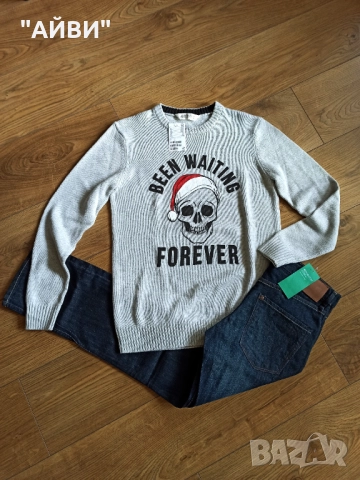 H&M детски еластични дънки и Коледна блуза, снимка 3 - Детски панталони и дънки - 52671089