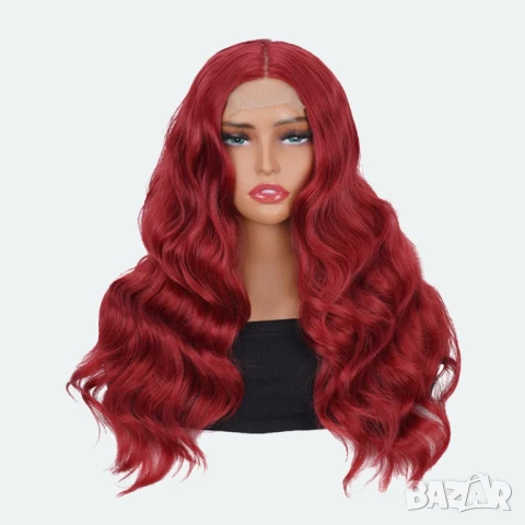 Тъмно червена бордо синтетична перука с дантела, снимка 3 - Аксесоари за коса - 50776843