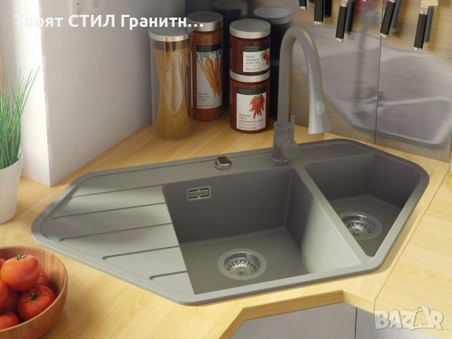 Сива ъглова кухненска гранитна мивка Копенхаген 900 Corner 900x500 мм, снимка 3 - Мивки - 51892482