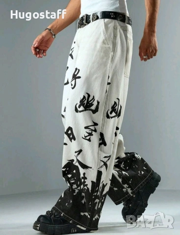 Нови японски йероглифи baggy дънки Casual Loose Fit Jeans панталони карго M/32, снимка 5 - Дънки - 53856042