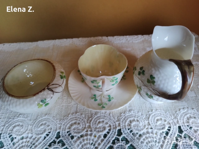 Комплект ръчно рисувани съдове Belleek Ирландия - 2, снимка 10 - Антикварни и старинни предмети - 53656456