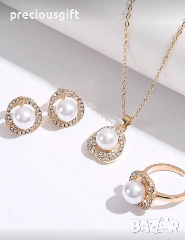 Комплект бижута от 3 части - колие, обеци и пръстен, снимка 4 - Бижутерийни комплекти - 52338688