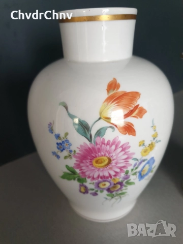 Meissen вази 14-17см/чиния 29см/стара Майсен порцеланова ваза-плато/бяла-цветя-злато, снимка 5 - Вази - 52463835