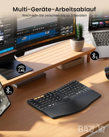 ProtoArc EK04 Mini: Безжична Ергономична Клавиатура с 2х Bluetooth и 2.4G ресивър, снимка 4 - Клавиатури и мишки - 53256047