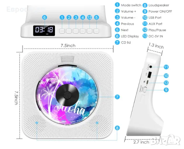 Gueray мултифункионален CD плейър, Bluetooth, дистанционно управление, снимка 3 - Аудиосистеми - 49785836