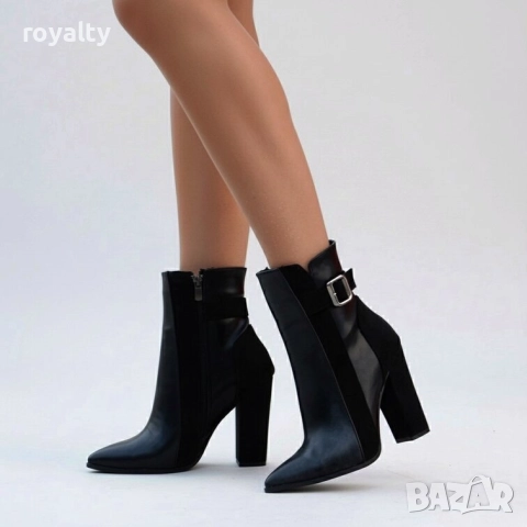 Боти на ток - черна кожа и велур
