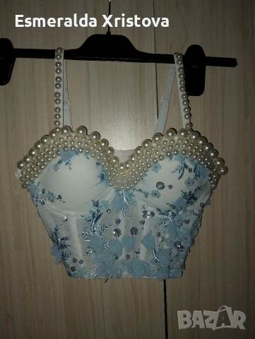 Бюстие в син цвят с перли, снимка 6 - Корсети, бюстиета, топове - 54195284