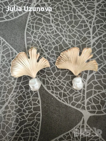Обеци Гинко Билоба с перла , снимка 2 - Обеци - 51340309