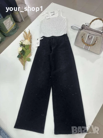 Дамски дънки широк крачол с камъчета камъни , снимка 1