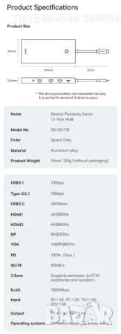 Baseus PortalJoy 13 in 1 Docking station USB C / Докинг станция 13 в 1, снимка 7 - Кабели и адаптери - 49185583