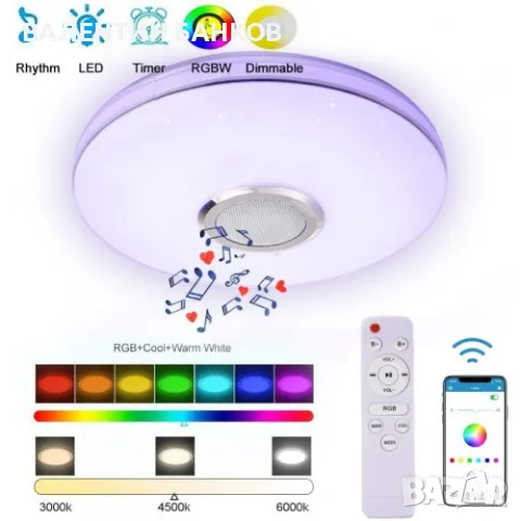  Плафон, Led,RGB, Вградена Bluetooth музикална колонка, снимка 1 - Bluetooth тонколони - 47113027