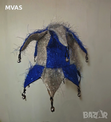 Нова карнавална шапка за Хеллоуин с пискюли със звънчета тъмно синя и сребърно