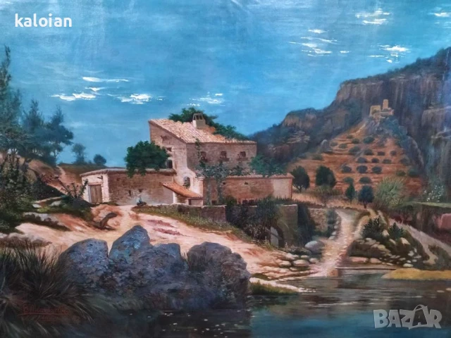 Esteban Alcantarilla Escamilla (1865-1936) Огромна антикварна картина изобразяваща пейзаж от винарск, снимка 5 - Антикварни и старинни предмети - 51317027