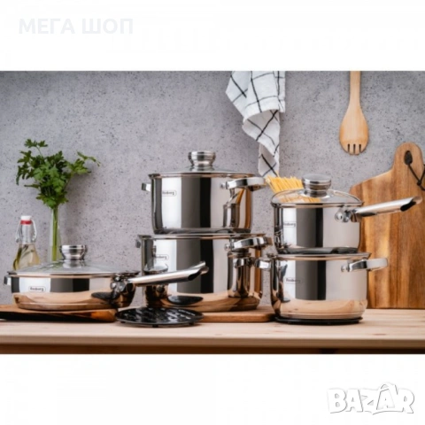 Комплект съдове Rosberg, 12 части, 2 подложки, Неръжд.стомана, снимка 3 - Съдове за готвене - 53928846
