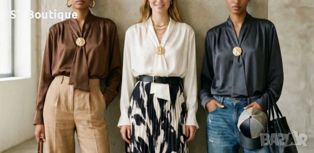 Дамска риза сатен с обемно златист акцент, снимка 2 - Ризи - 53716663