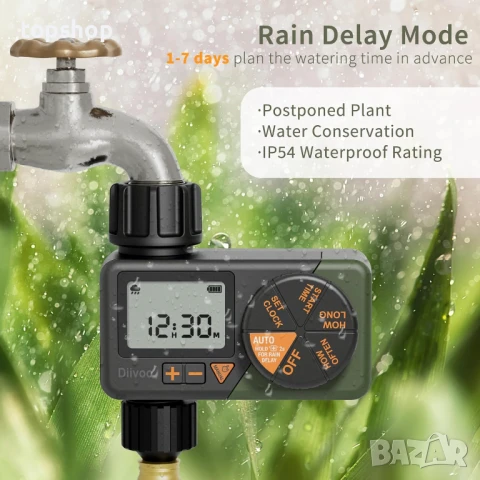 НОВ Таймер за поливане Diivoo със седмични и дневни програми, забавяне при дъжд дъжд, ръчно поливане, снимка 8 - Градински инструменти - 50742094
