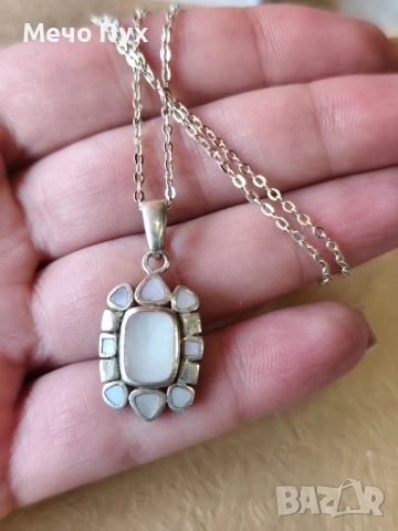 Сребърен синджир с висулка със седеф (374), снимка 4 - Колиета, медальони, синджири - 52536080
