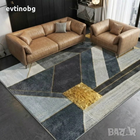 Модерен Килим за Хол 120х160см – 3D Геометричен дизайн Сиво и Жълто, Противоплъзгащ и Миещ се, снимка 3 - Други - 53882534