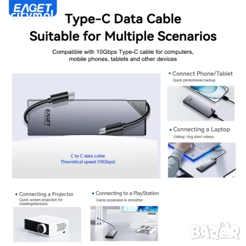 EAGET M.2 NVMe SSD кутия, 10Gbps, M.2 SSD към USB 3.1 Windows7/8/10/11, Mac OS, Linux, 2230/2242/226, снимка 5 - Други - 52625052