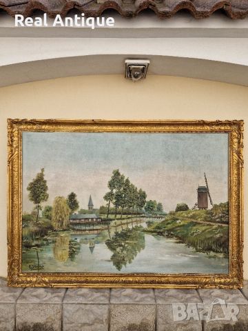 Стара огромна холандска антикварна авторска картина масло върху платно , снимка 6 - Антикварни и старинни предмети - 45843183