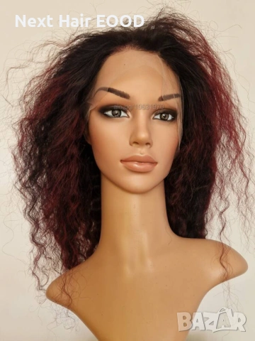 Естествена афро перука къдрава черна с тъмно червени бородо кичури с дантела 13х4, снимка 8 - Аксесоари за коса - 53294608