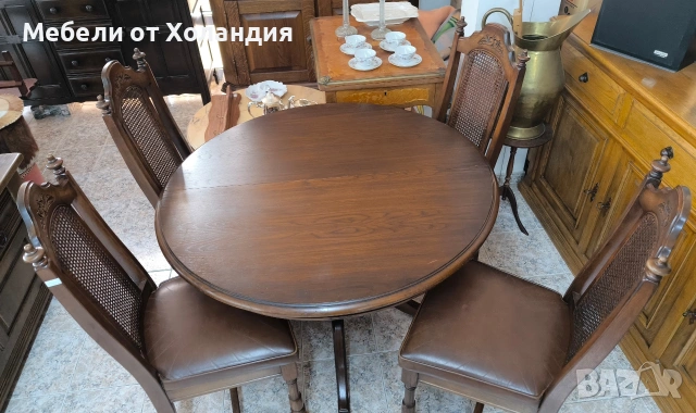Кръгла дъбова маса + 4 стола, снимка 2 - Маси - 53722188