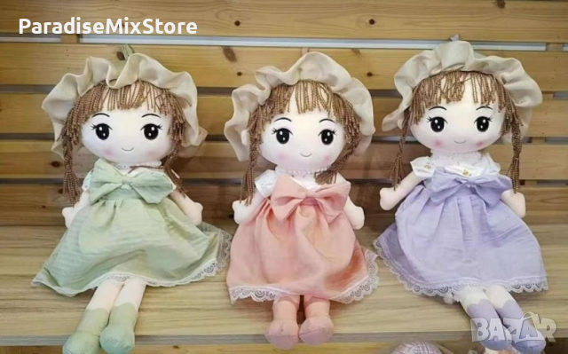 Мека детска кукла с рокля и шапка в нежни цветове 45 см Цветове: зелен,розов,лилав , снимка 2 - Кукли - 44974810