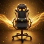 Геймърски стол с масажна функция, лумбална възглавница и поставка за крака – Черен-златист, снимка 4