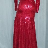 S Ярко червена дълга рокля с пайети гол гръб, снимка 2 - Рокли - 45108307