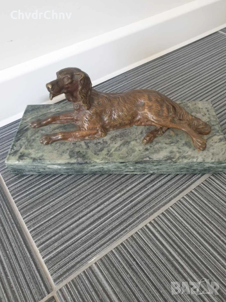 Parvis статуетка 30см-5кг/стара френска бронзова скулптура/фигура на куче-сетер/зелен мрамор, снимка 1