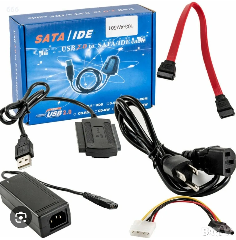Адаптер, USB 2.0 към SATA и IDE, За HDD, DVD устройство, Със захранване и аксесоари, снимка 1
