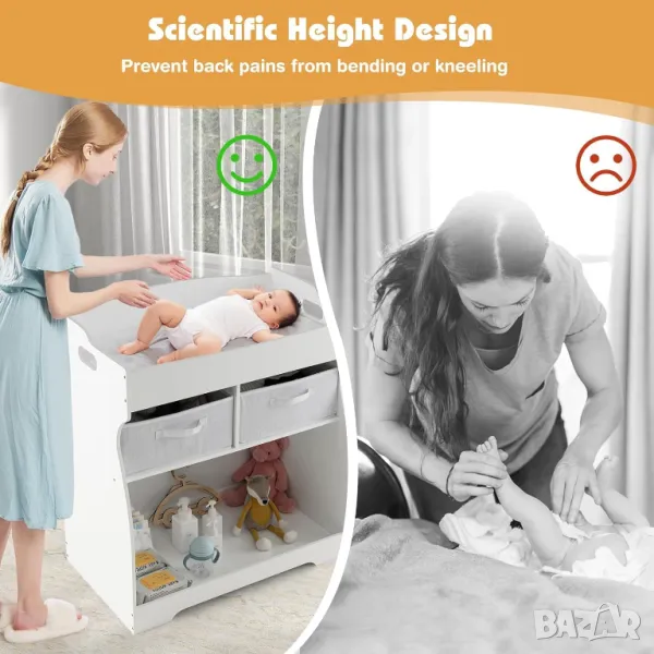 Дървена масичка за повиване, поставка за бебешки пелени с 2 чекмеджета, снимка 1