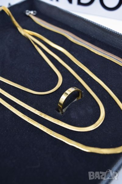 Комплект бижута от 3 части: колие, гривна и пръстен / Цвят: Златист / Размер на пръстена: 16,17,18,1, снимка 1
