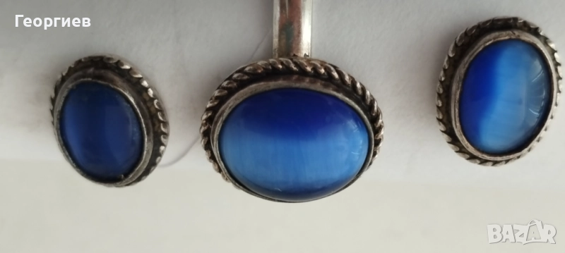 Комплект Сребърни обеци с пръстен 5.38 гр. син камък., снимка 1