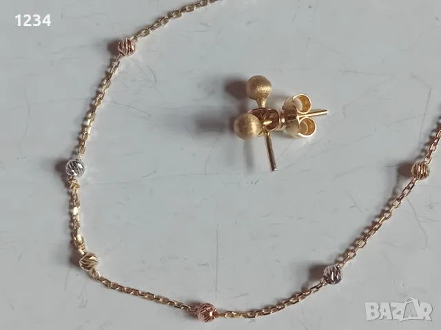 Нови златна гривна и обеци с топчета  комплект, снимка 3 - Бижутерийни комплекти - 50203263