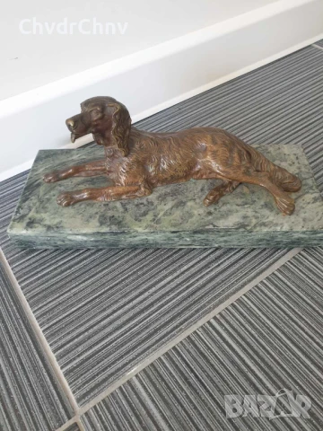 Parvis статуетка 30см-5кг/стара френска бронзова скулптура/фигура на куче-сетер/зелен мрамор