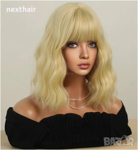 Златисто руса вълнообразна перука с бретон - 40 см, снимка 3 - Аксесоари за коса - 53192780