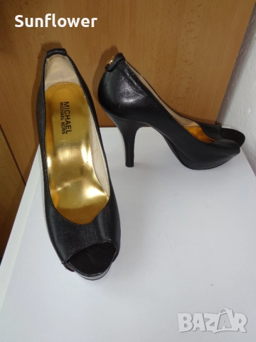 Черни кожени обувки на висок ток и платформа Michael Kors 100% естествена кожа 38 размер, снимка 2 - Дамски обувки на ток - 51790726
