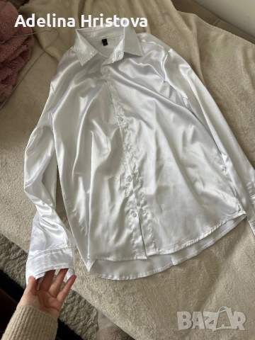  Бяла бляскава сатенена мъжка риза размер Л, снимка 2 - Ризи - 52878558